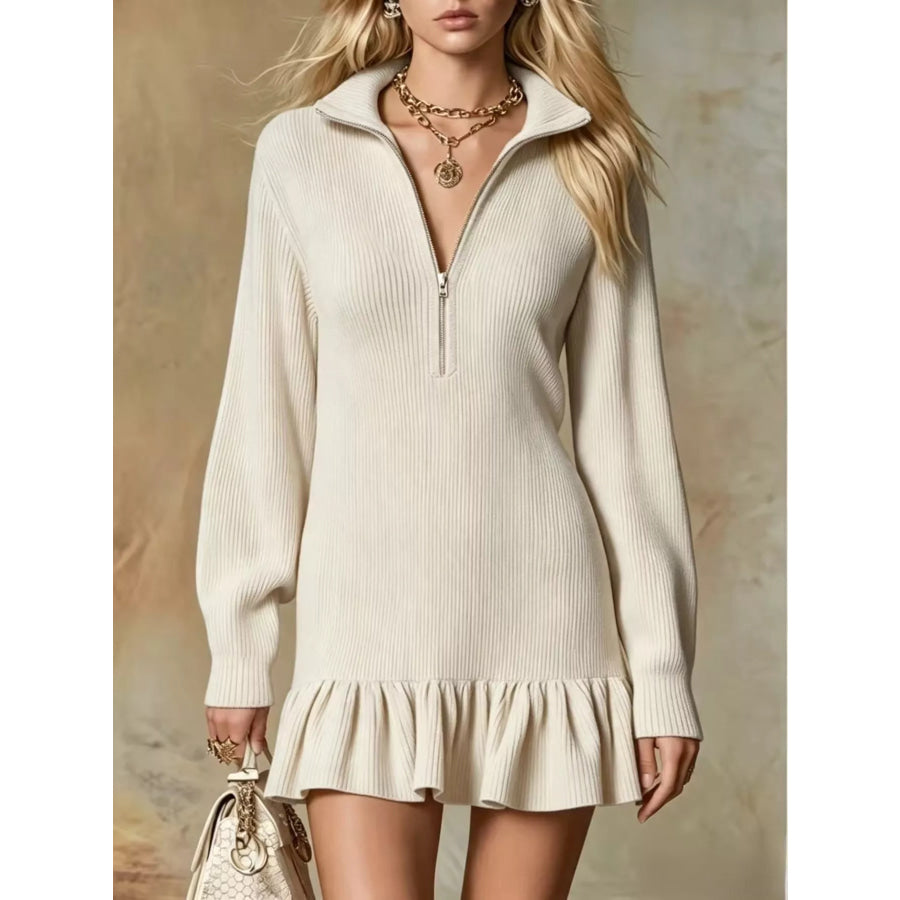 Ruffle Hem Half Zip Dress Beige / S Apparel and Accessories