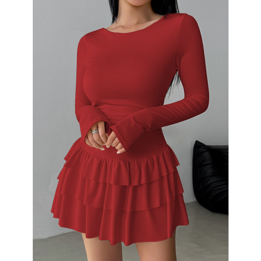Ruffle Hem Long Sleeve Mini Dress Red / S Apparel and Accessories