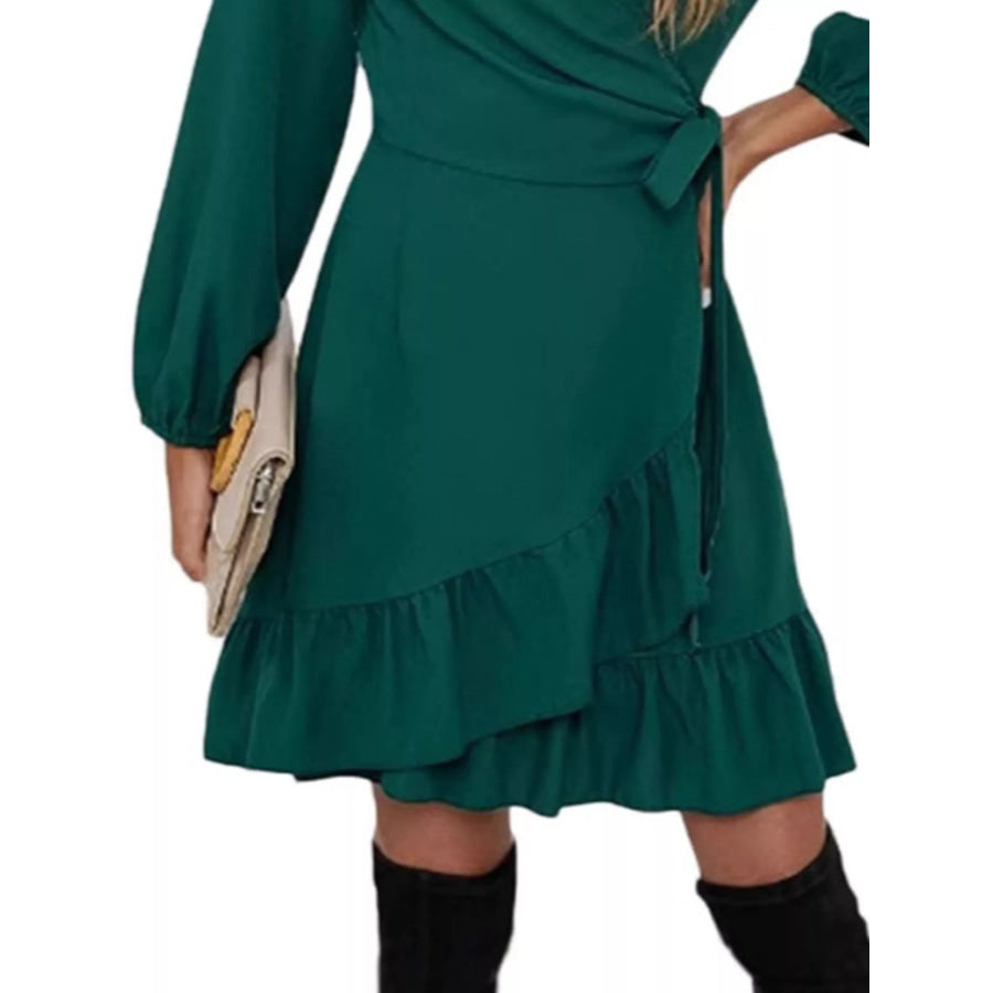 Ruffle Hem Long Sleeve Wrap Dress Apparel and Accessories