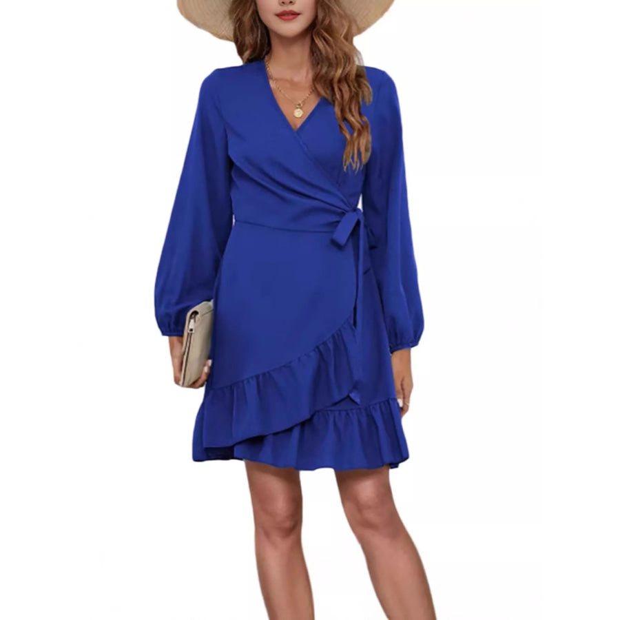 Ruffle Hem Long Sleeve Wrap Dress Blue / S Apparel and Accessories