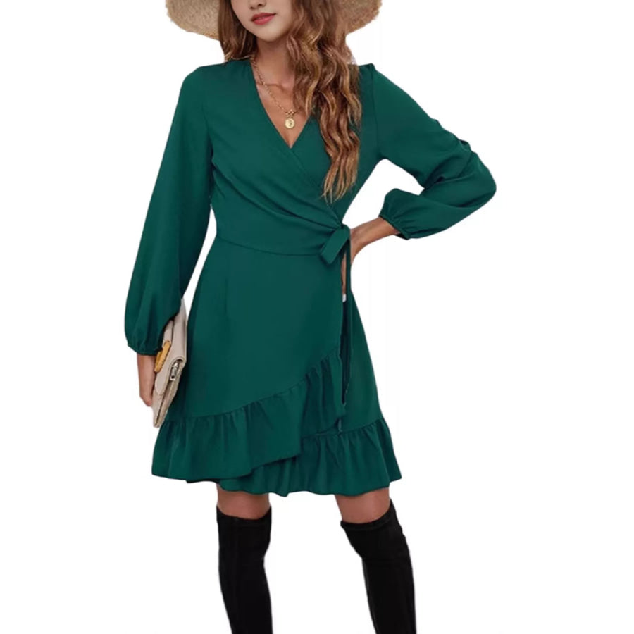 Ruffle Hem Long Sleeve Wrap Dress Green / S Apparel and Accessories