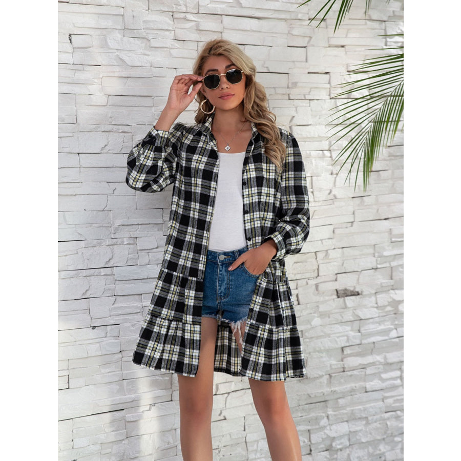 Ruffle Hem Plaid Button Down Long Sleeve Dress Apparel and Accessories