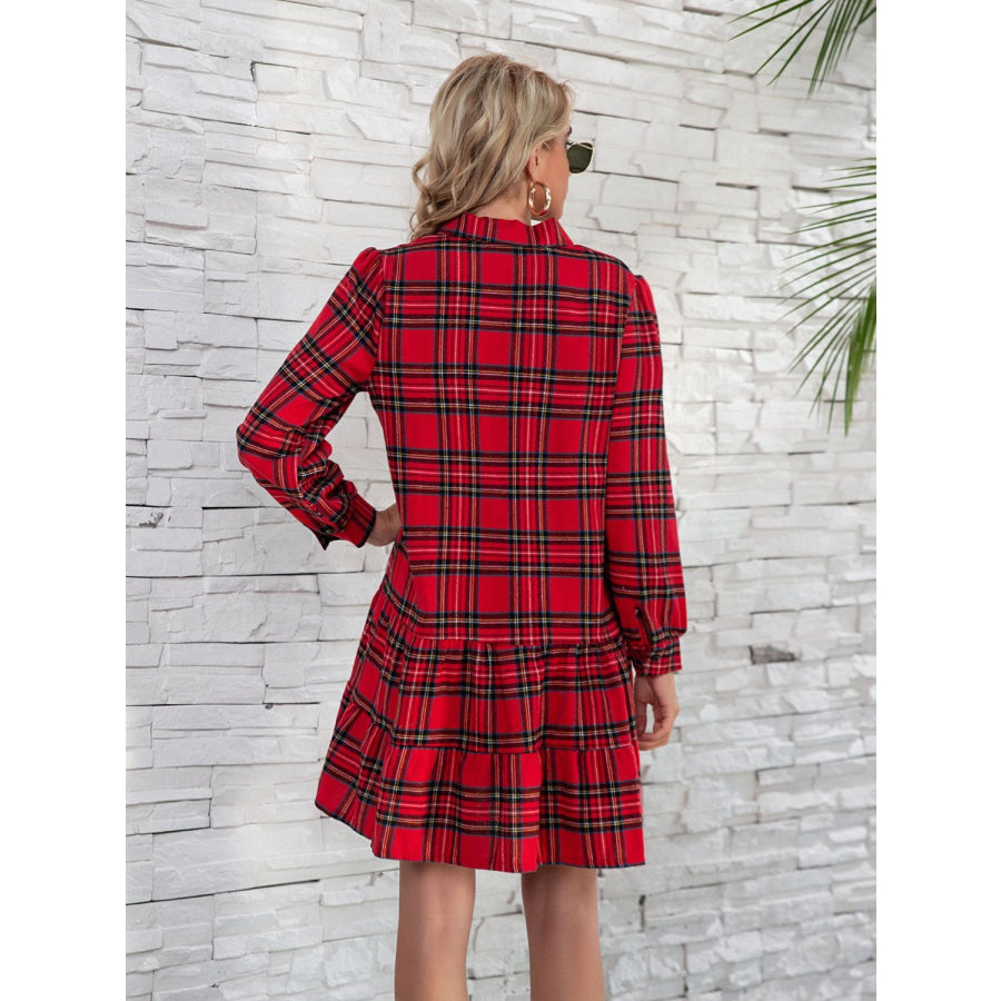 Ruffle Hem Plaid Button Down Long Sleeve Dress Apparel and Accessories