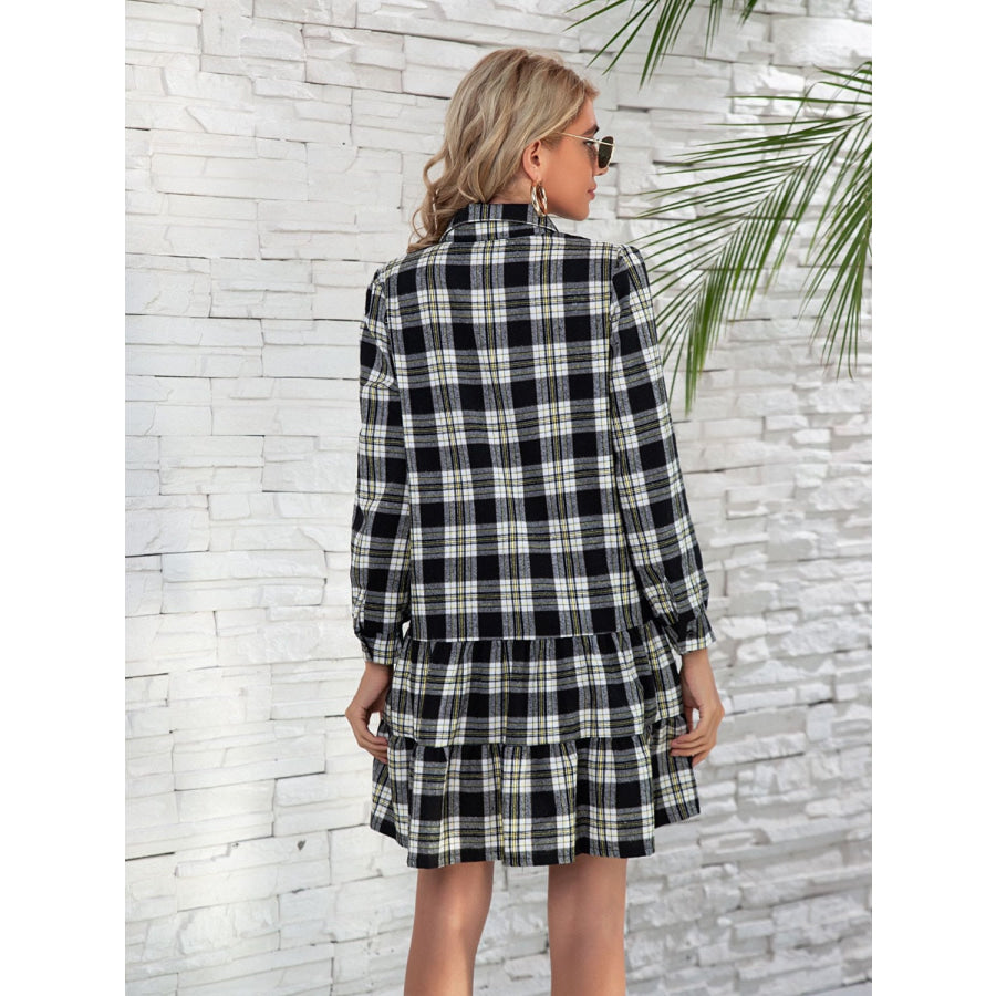 Ruffle Hem Plaid Button Down Long Sleeve Dress Apparel and Accessories