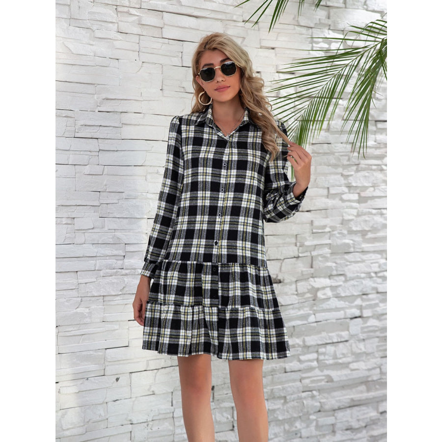 Ruffle Hem Plaid Button Down Long Sleeve Dress Apparel and Accessories