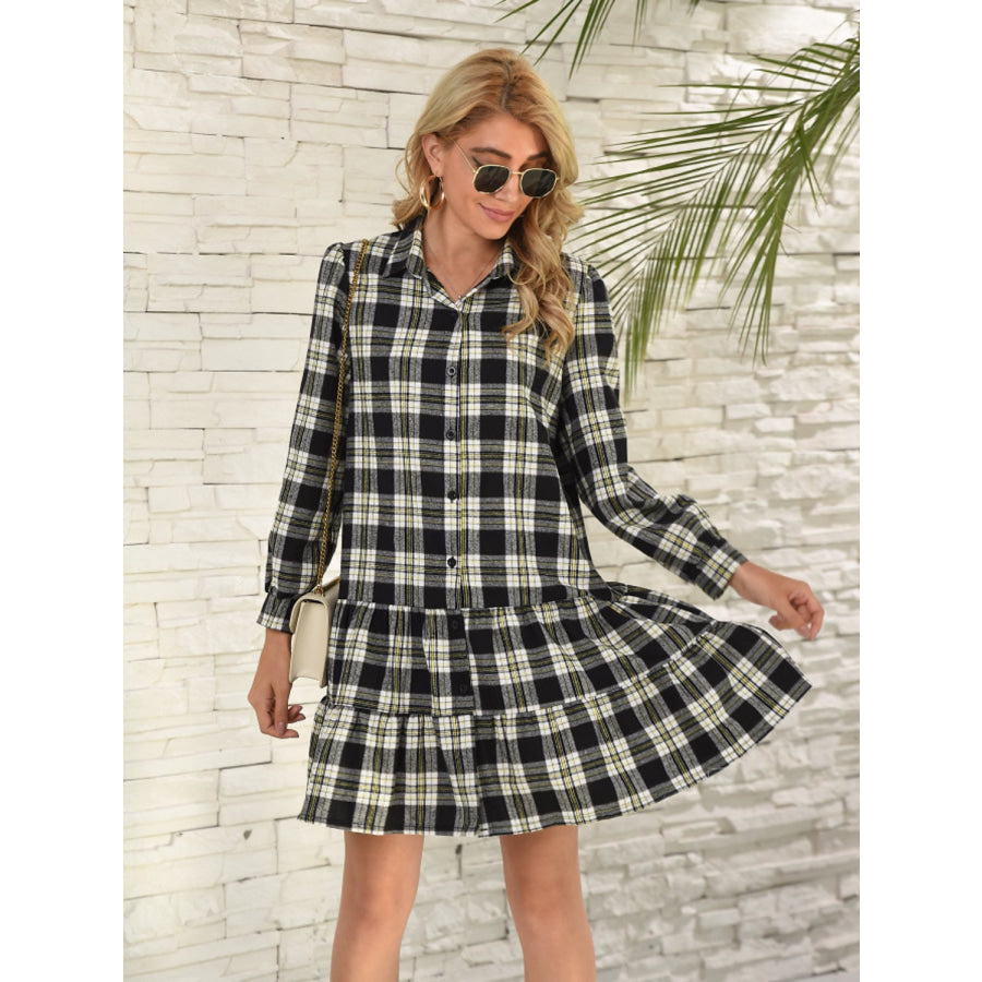 Ruffle Hem Plaid Button Down Long Sleeve Dress Apparel and Accessories