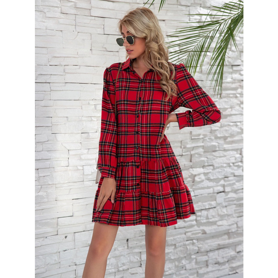 Ruffle Hem Plaid Button Down Long Sleeve Dress Apparel and Accessories