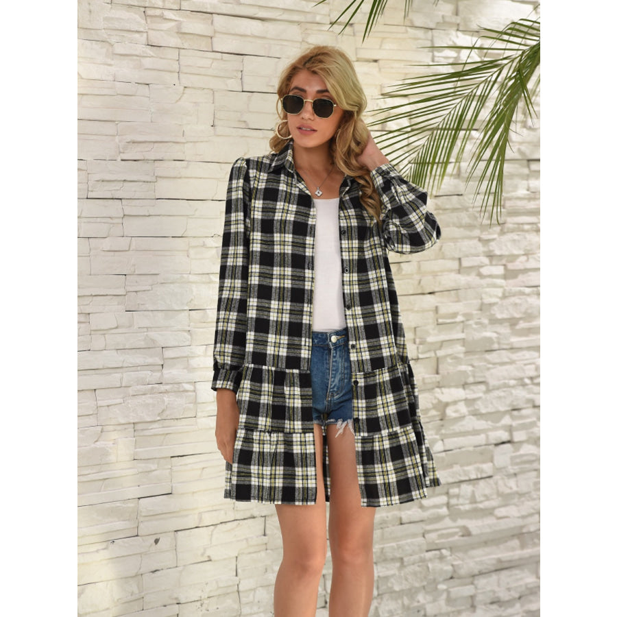 Ruffle Hem Plaid Button Down Long Sleeve Dress Apparel and Accessories