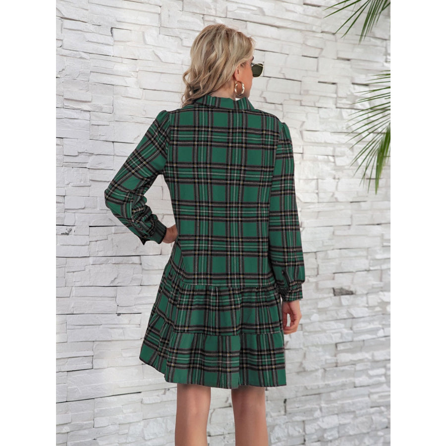 Ruffle Hem Plaid Button Down Long Sleeve Dress Apparel and Accessories