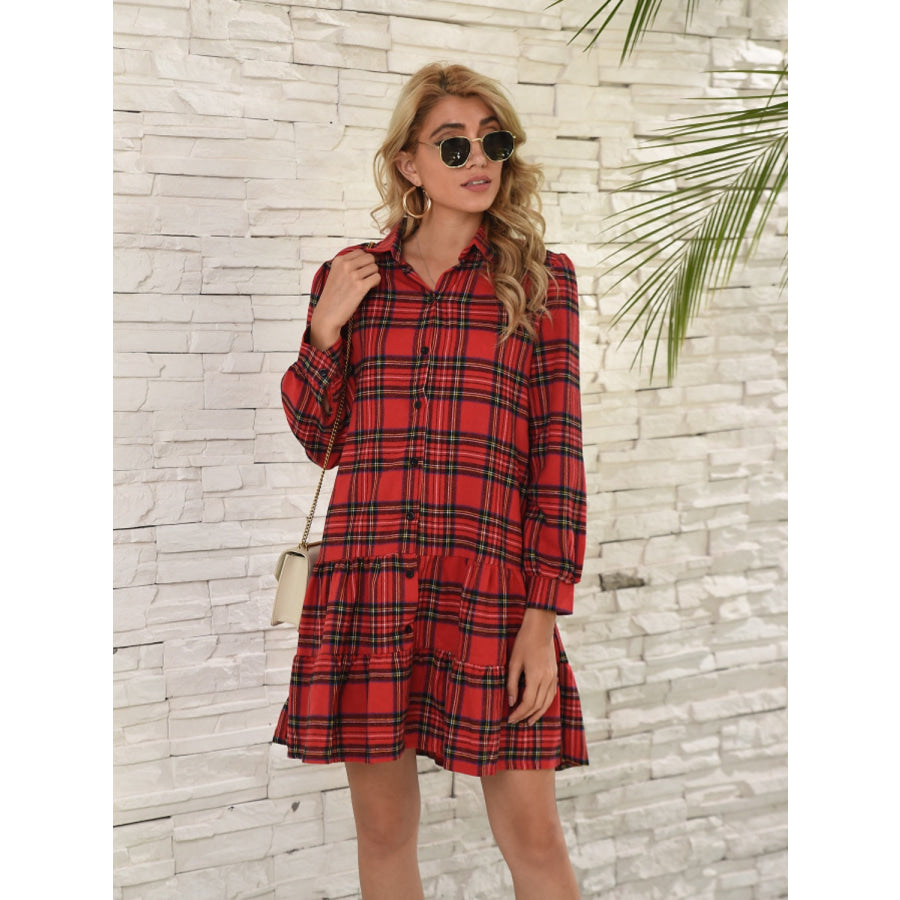 Ruffle Hem Plaid Button Down Long Sleeve Dress Apparel and Accessories