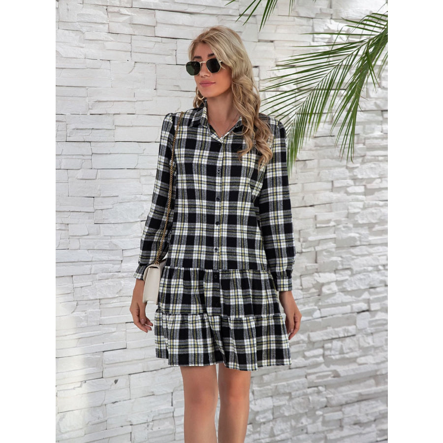 Ruffle Hem Plaid Button Down Long Sleeve Dress Apparel and Accessories