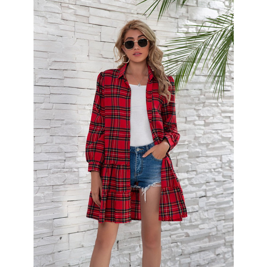 Ruffle Hem Plaid Button Down Long Sleeve Dress Burgundy / S Apparel and Accessories