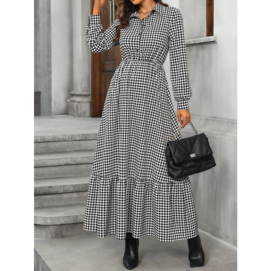 Ruffle Hem Plaid Long Sleeve Dress Apparel and Accessories