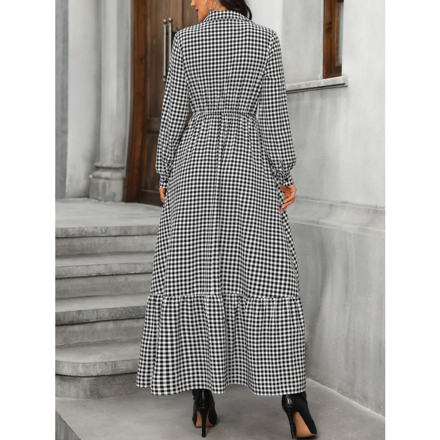 Ruffle Hem Plaid Long Sleeve Dress Apparel and Accessories