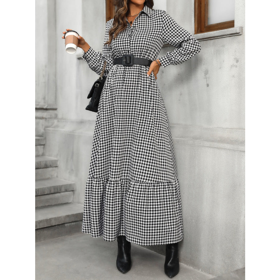 Ruffle Hem Plaid Long Sleeve Dress Apparel and Accessories