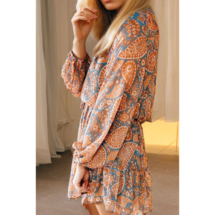 Ruffle Hem Printed Long Sleeve Dress Apparel and Accessories