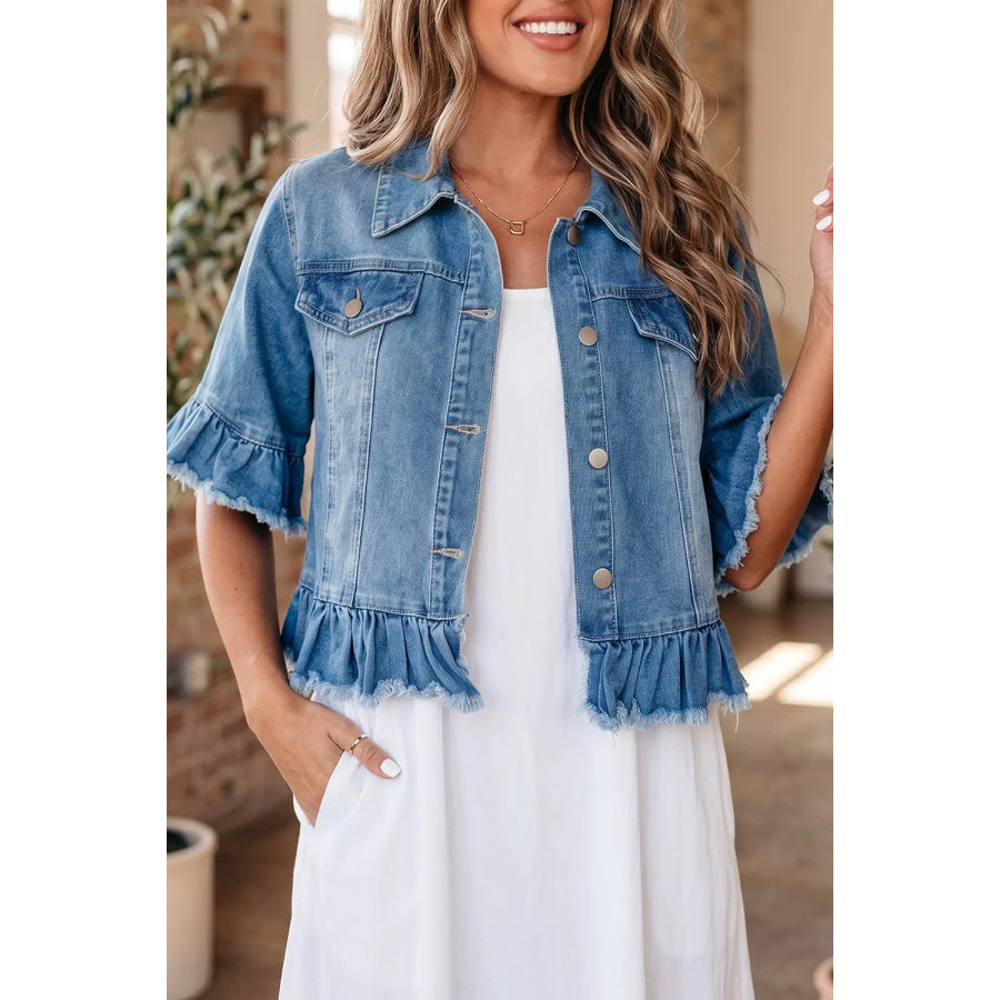 Ruffle Hem Raw Edge Half Sleeve Western Denim Jacket Apparel and Accessories