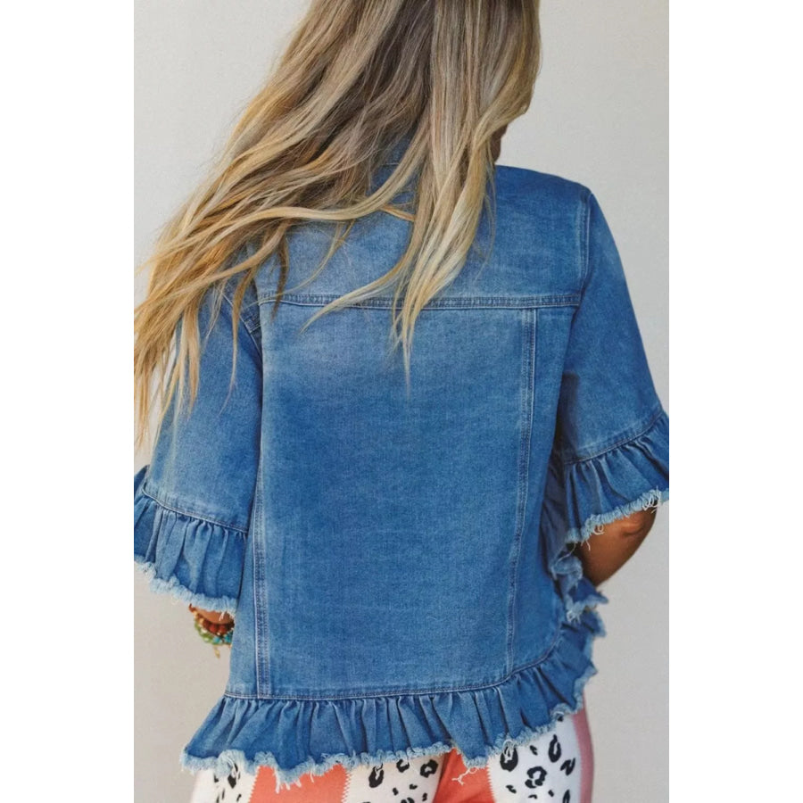 Ruffle Hem Raw Edge Half Sleeve Western Denim Jacket Dusty Blue / S Apparel and Accessories