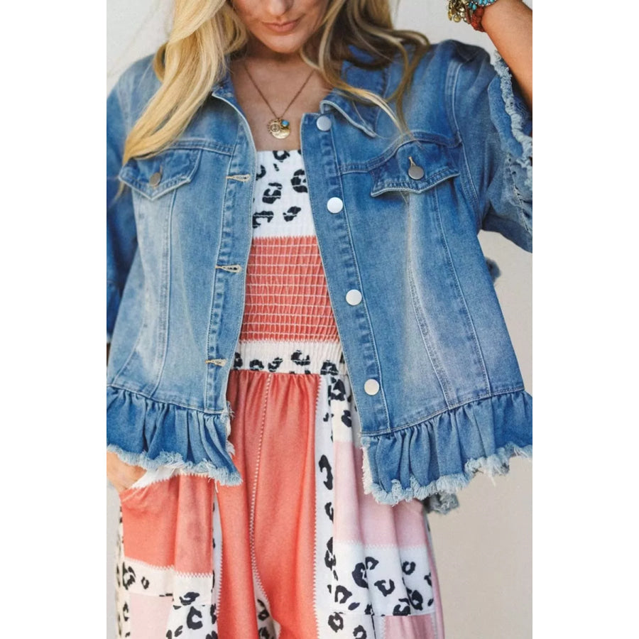 Ruffle Hem Raw Edge Half Sleeve Western Denim Jacket Apparel and Accessories