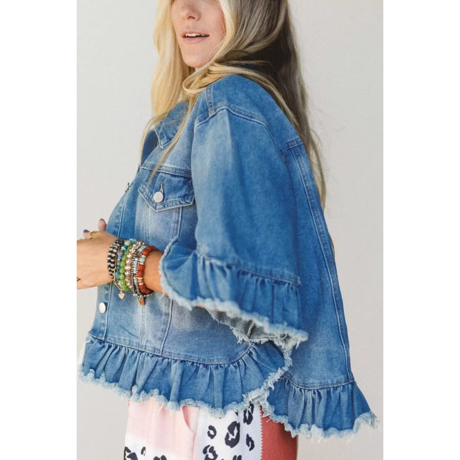 Ruffle Hem Raw Edge Half Sleeve Western Denim Jacket Apparel and Accessories