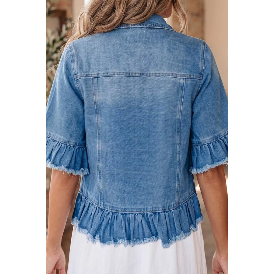 Ruffle Hem Raw Edge Half Sleeve Western Denim Jacket Apparel and Accessories