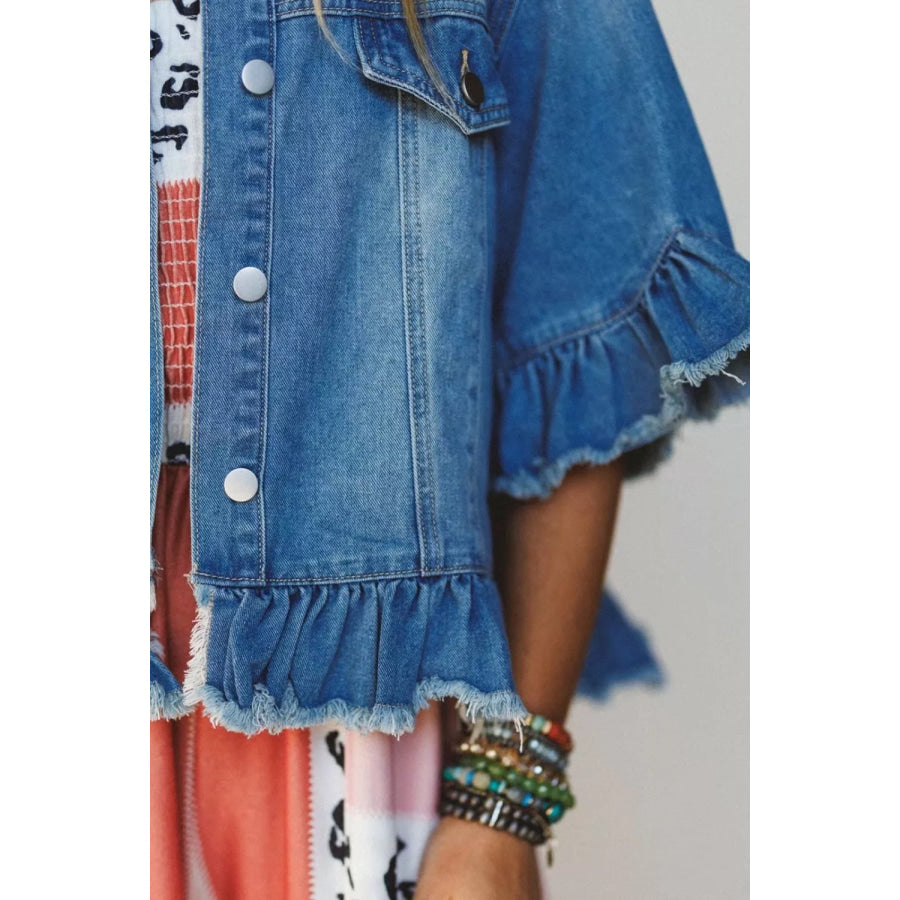 Ruffle Hem Raw Edge Half Sleeve Western Denim Jacket Apparel and Accessories