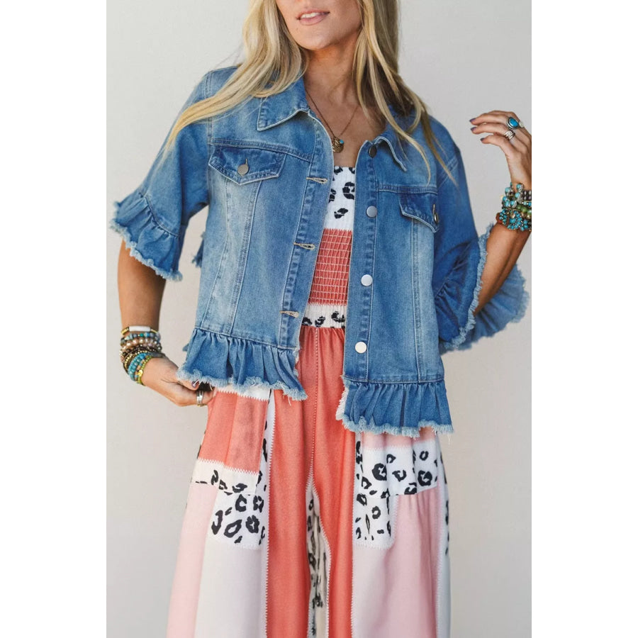 Ruffle Hem Raw Edge Half Sleeve Western Denim Jacket Dusty Blue / S Apparel and Accessories