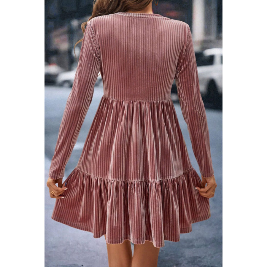 Ruffle Hem Round Neck Long Sleeve Dress Apparel and Accessories