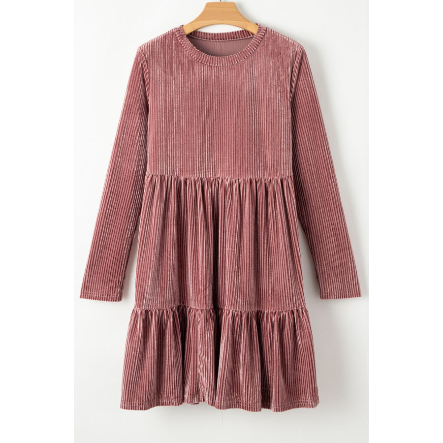 Ruffle Hem Round Neck Long Sleeve Dress Apparel and Accessories