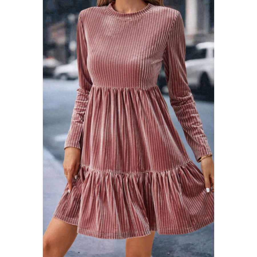 Ruffle Hem Round Neck Long Sleeve Dress Dusty Pink / M Apparel and Accessories