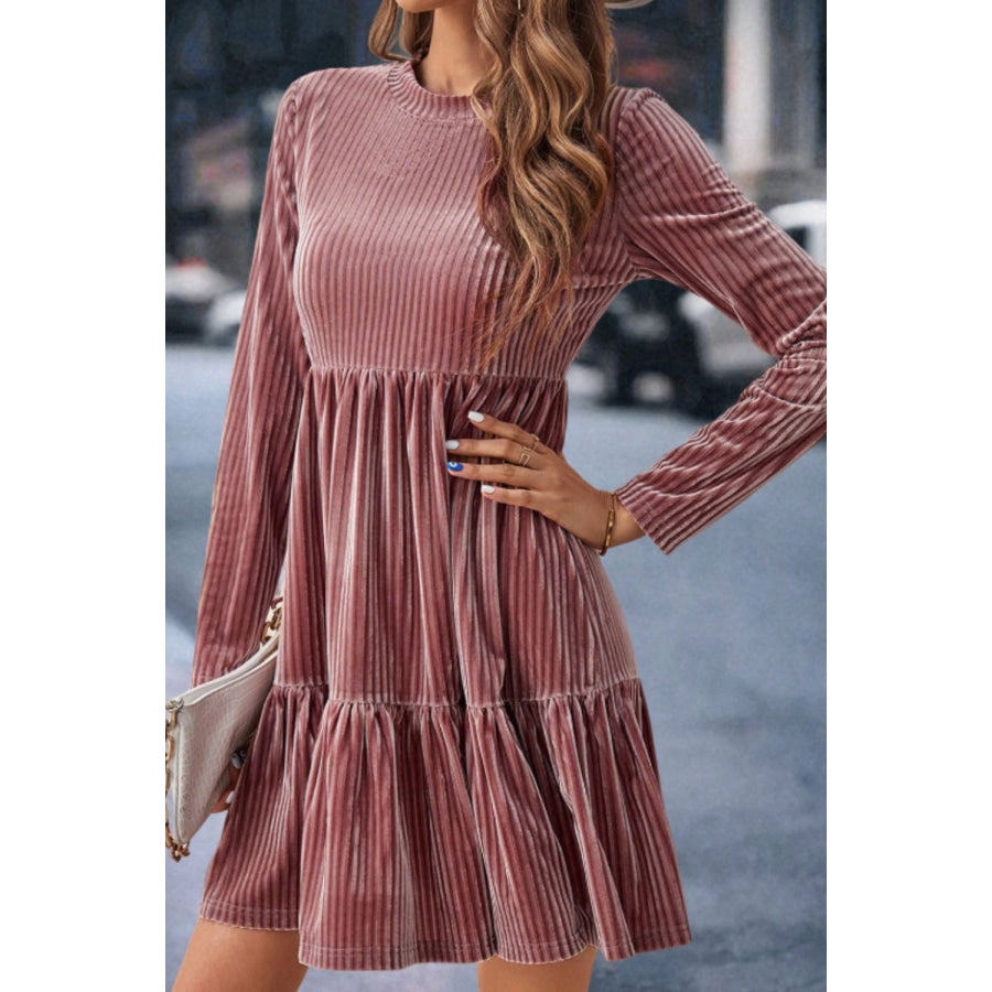 Ruffle Hem Round Neck Long Sleeve Dress Dusty Pink / M Apparel and Accessories