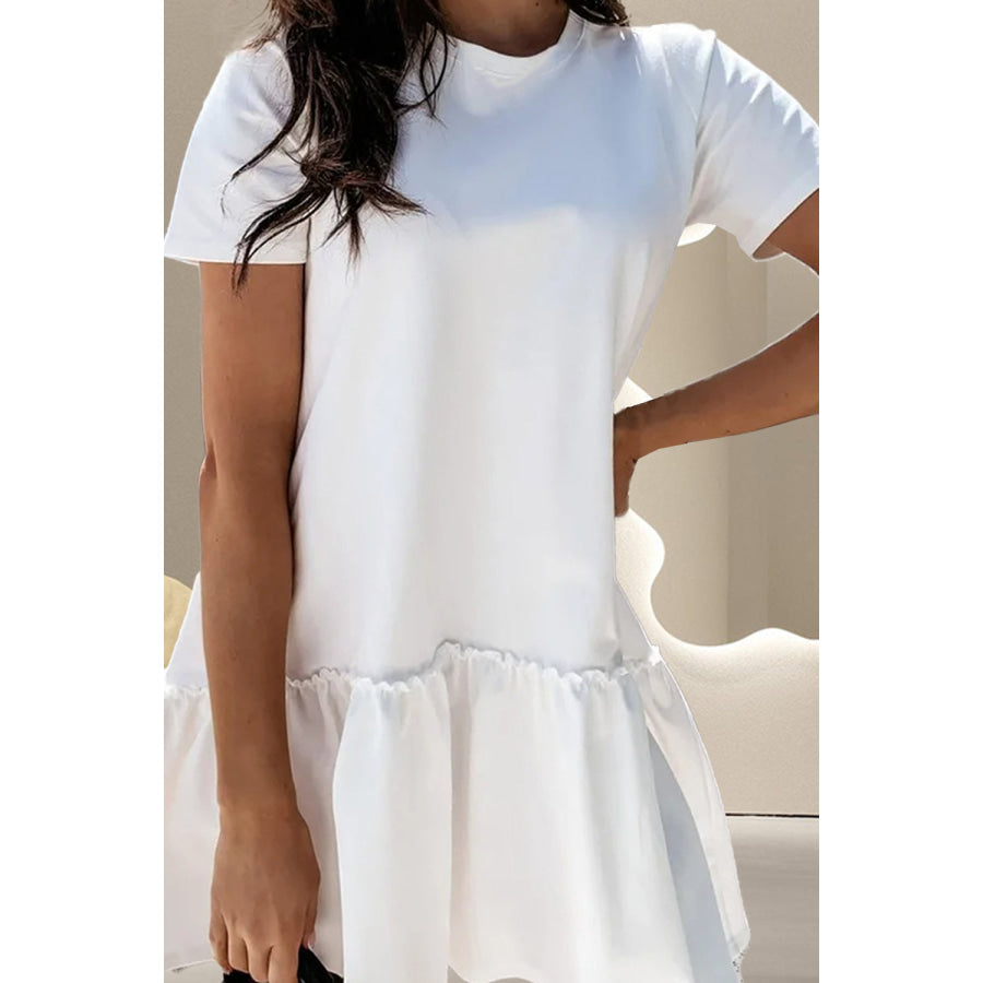 Ruffle Hem Round Neck Short Sleeve Mini Dress White / S Apparel and Accessories
