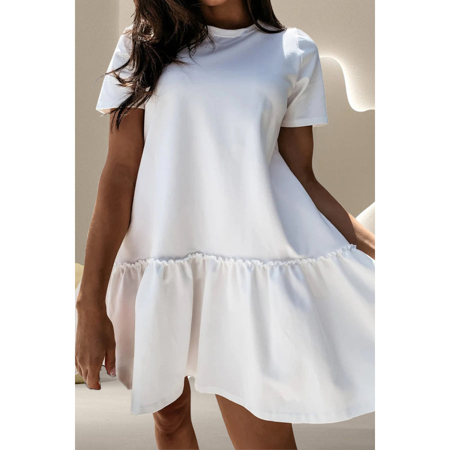 Ruffle Hem Round Neck Short Sleeve Mini Dress White / S Apparel and Accessories