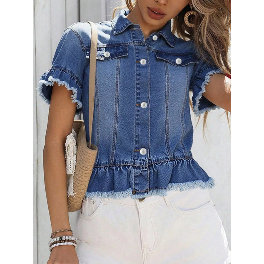 Ruffle Hem Short Sleeve Denim Jacket Apparel and Accessories