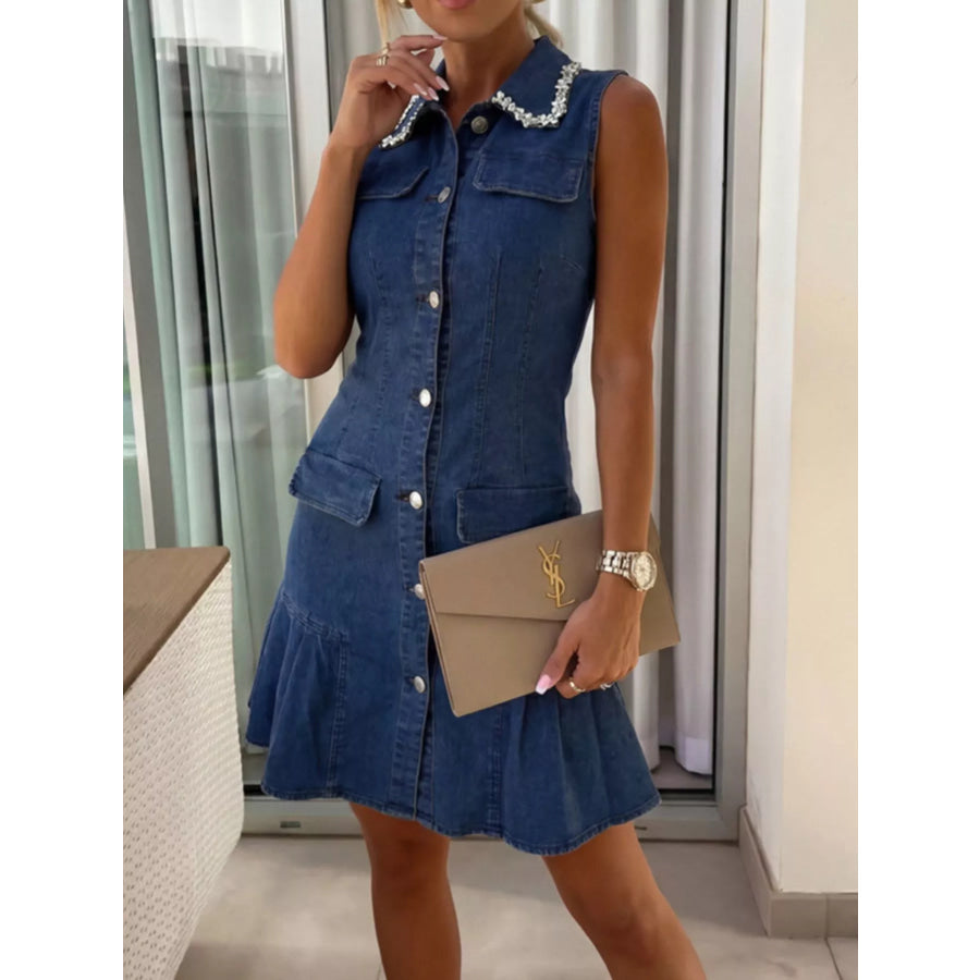 Ruffle Hem Sleeveless Denim Dress Dark Blue / S Apparel and Accessories