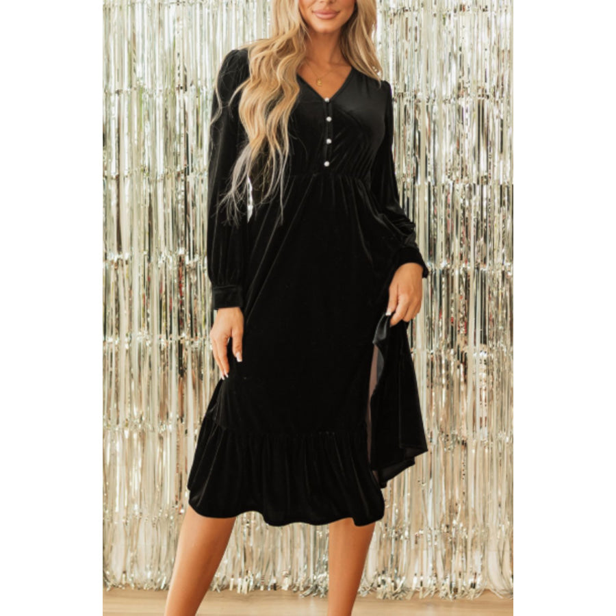 Ruffle Hem Slit V-Neck Long Sleeve Dress Black / S Apparel and Accessories