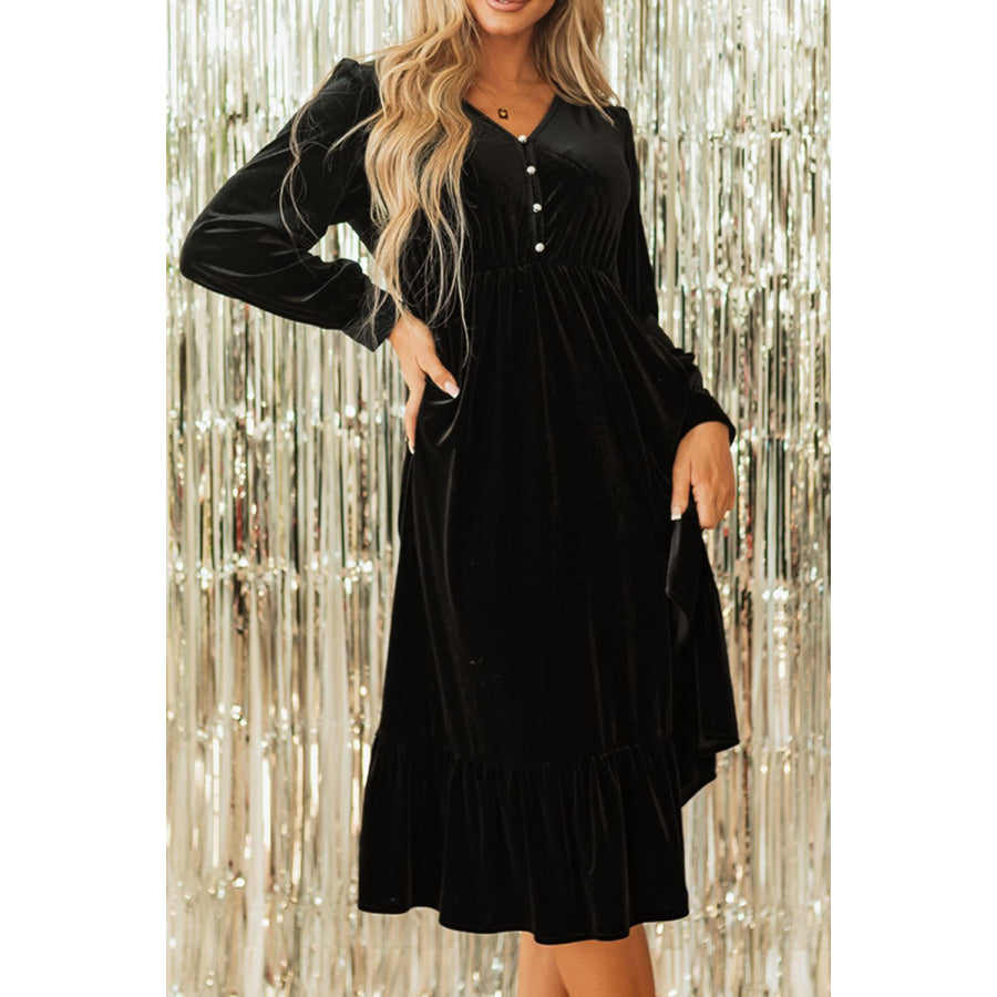 Ruffle Hem Slit V-Neck Long Sleeve Dress Black / S Apparel and Accessories