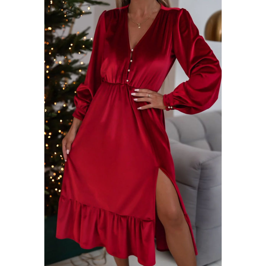 Ruffle Hem Slit V-Neck Long Sleeve Dress Deep Red / S Apparel and Accessories