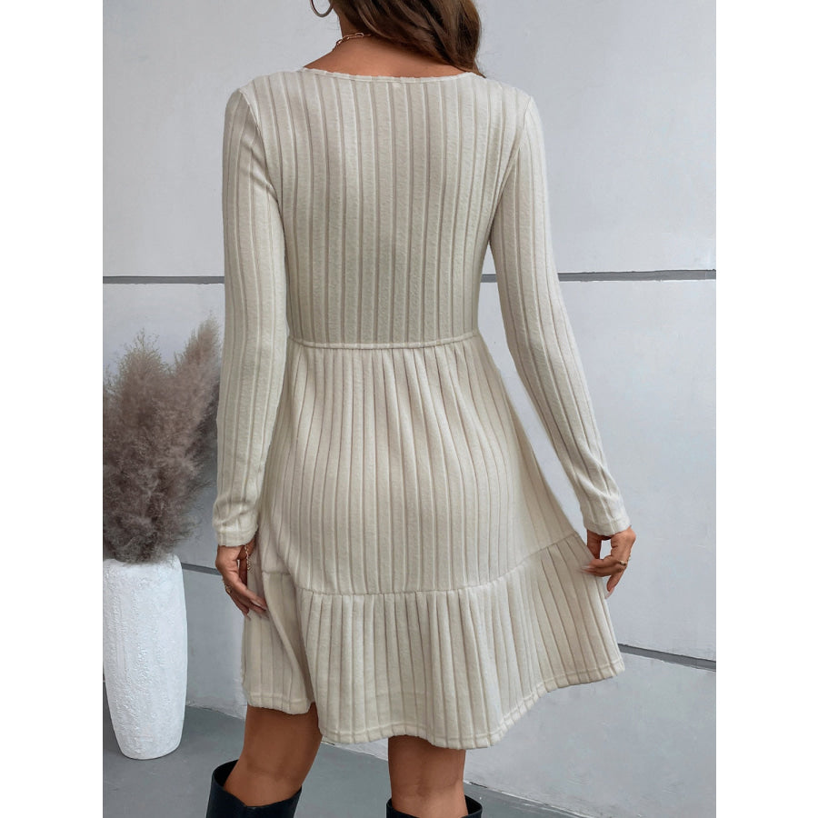 Ruffle Hem Surplice Long Sleeve Dress Beige / S Apparel and Accessories