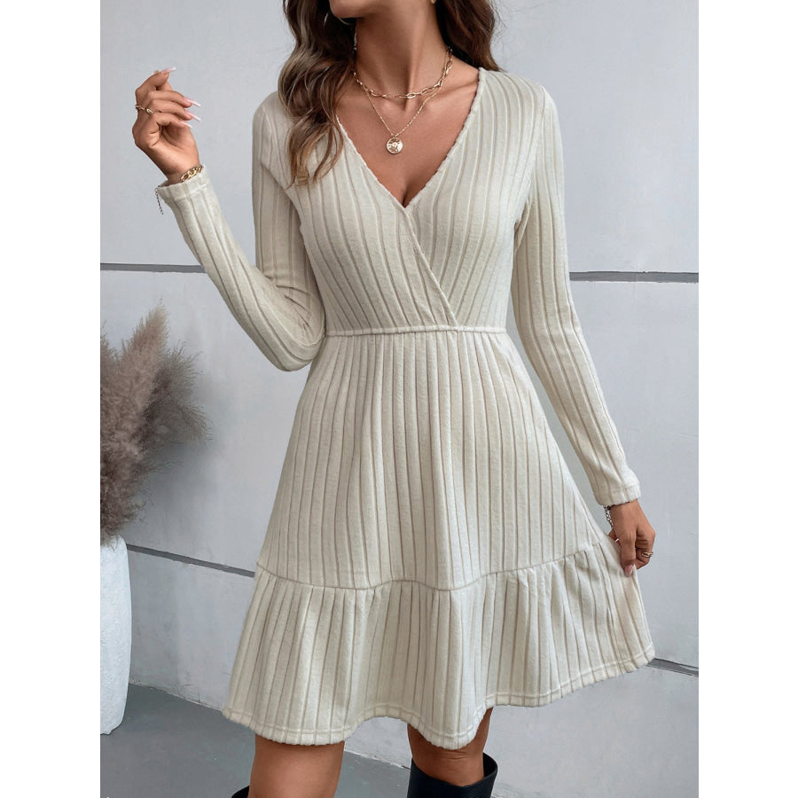 Ruffle Hem Surplice Long Sleeve Dress Beige / S Apparel and Accessories