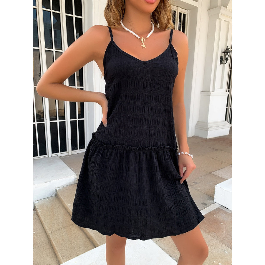 Ruffle Hem Textured V - Neck Cami Dress Black / S Apparel and Accessories