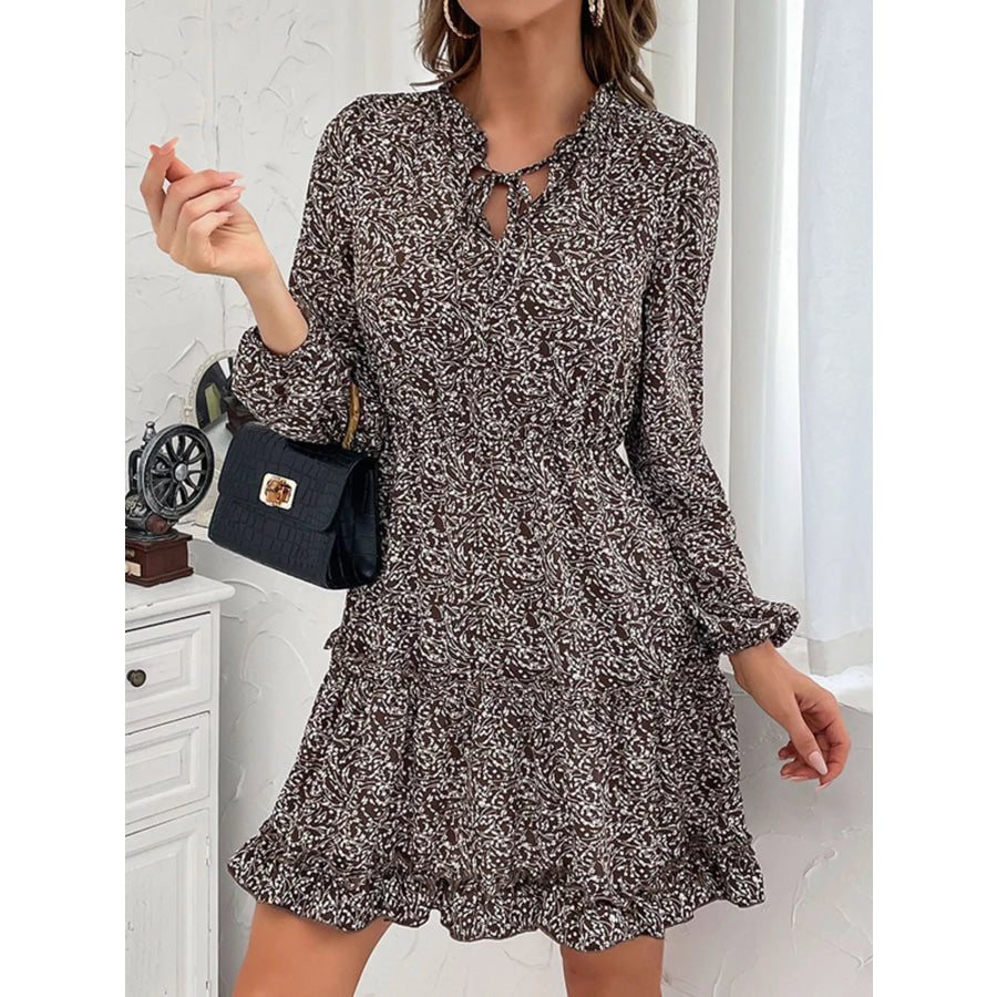 Ruffle Hem Tie Neck Mini Dress Coffee Brown / S Apparel and Accessories