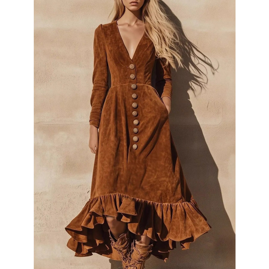Ruffle Hem V-Neck Midi Dress Dark Brown / S Apparel and Accessories