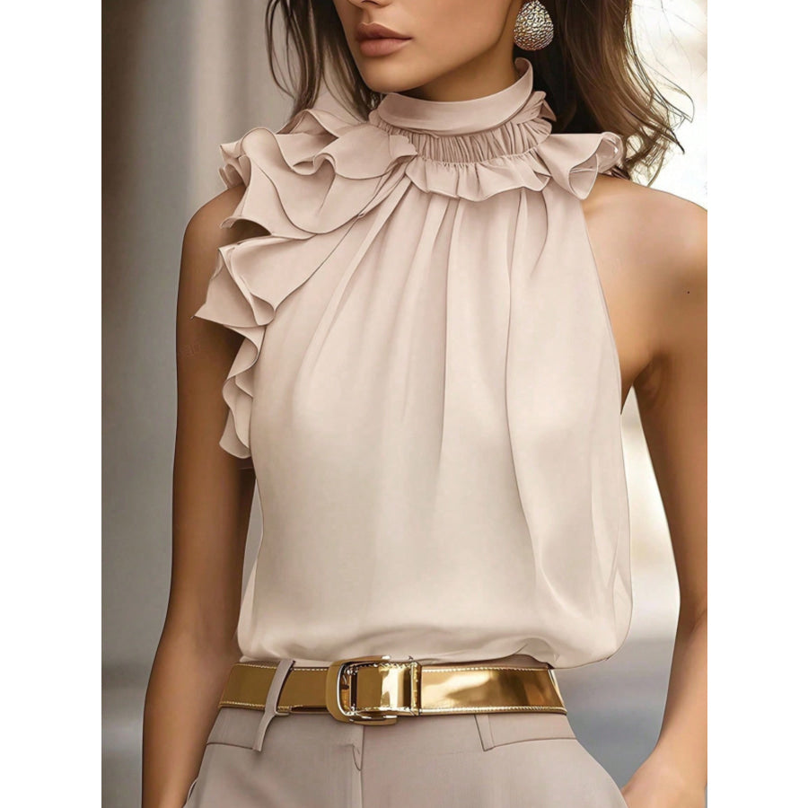 Ruffle High Neck Sleeveless Top Apricot / S Apparel and Accessories