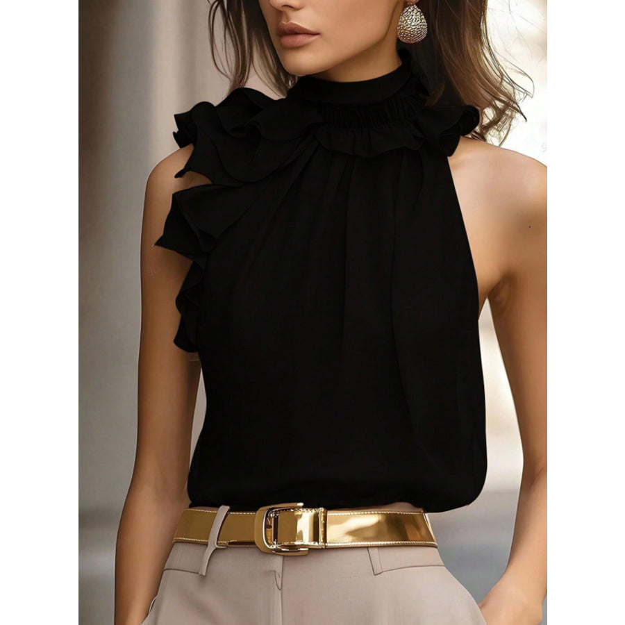Ruffle High Neck Sleeveless Top Black / S Apparel and Accessories