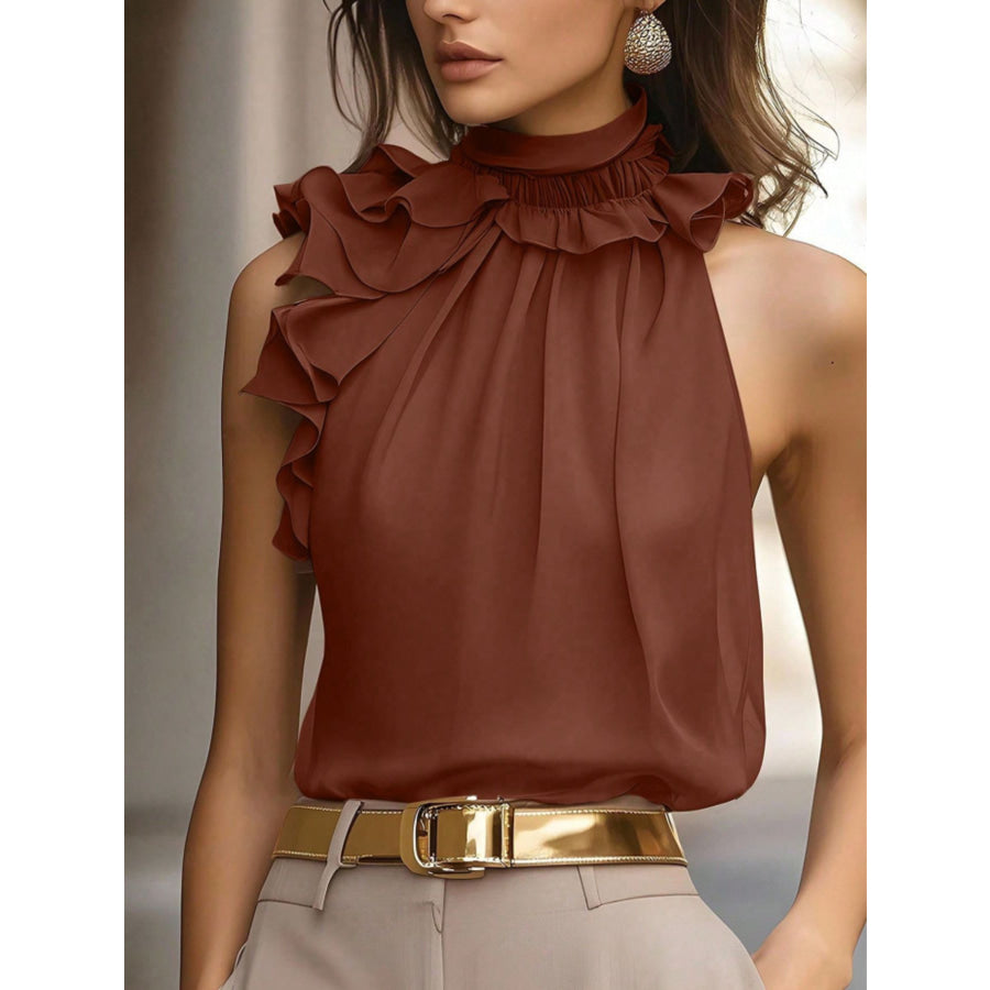 Ruffle High Neck Sleeveless Top Brown / S Apparel and Accessories