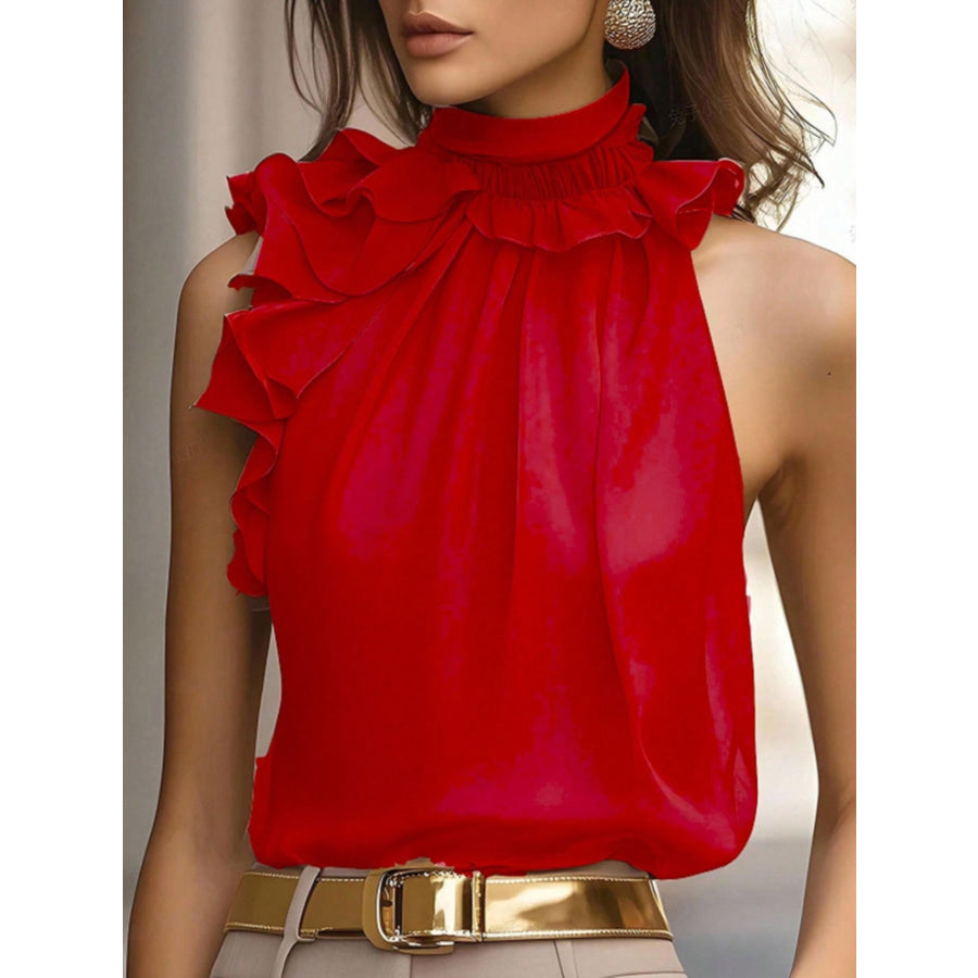 Ruffle High Neck Sleeveless Top Red / S Apparel and Accessories