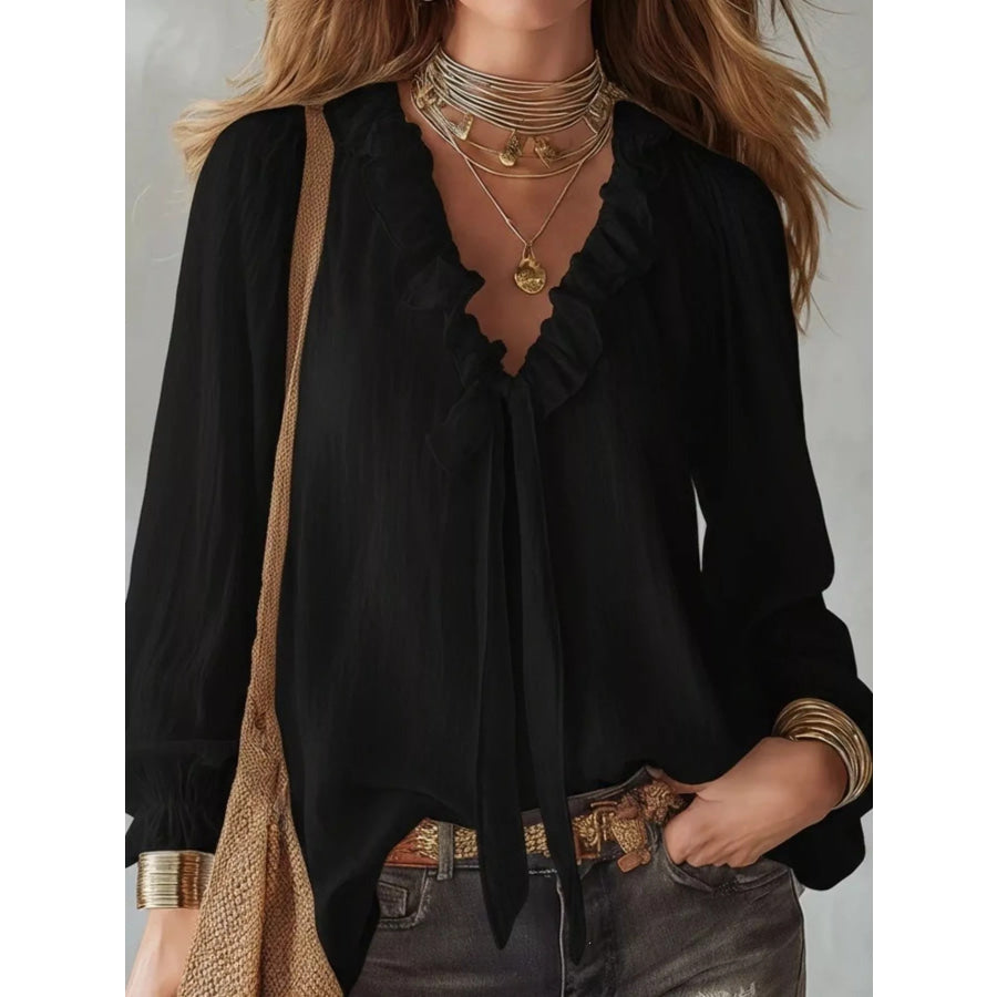 Ruffle Long Sleeve Blouse Black / S Apparel and Accessories