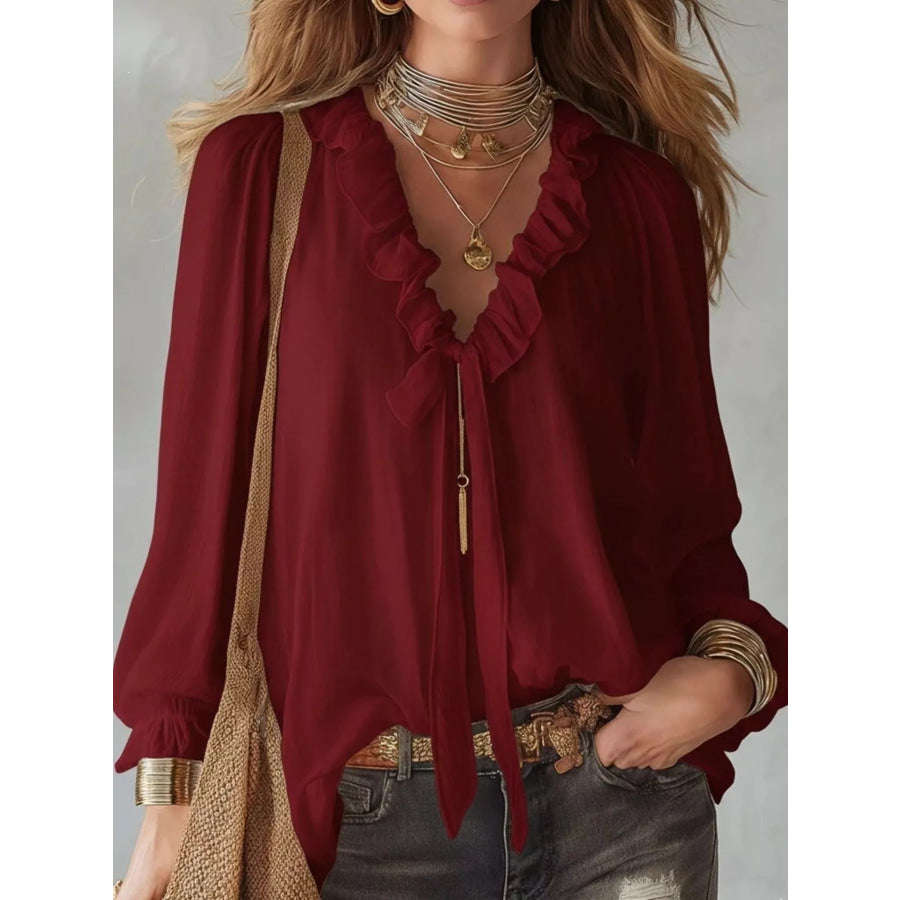 Ruffle Long Sleeve Blouse Burgundy / S Apparel and Accessories