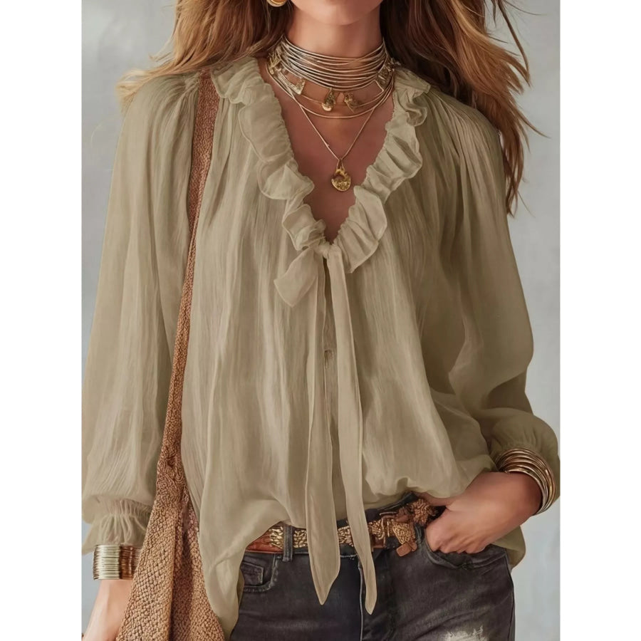 Ruffle Long Sleeve Blouse Khaki / S Apparel and Accessories